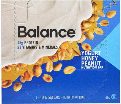 Balance Bar, Nutrition Bar, Yogurt Honey Peanut, 6 Bars, 1.76 oz (50 g) Each ,والمكملات الغذائية، والحانات الغذائية، والوجبات الخفيفة، والوجبات الخفيفة الصحية