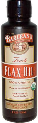 Barleans, Organic, Fresh Flax Oil, 8 fl oz (236 ml) ,المكملات الغذائية، إيفا أوميجا 3 6 9 (إيبا دا)، الكتان النفط السائل، البارلان زيوت الكتان