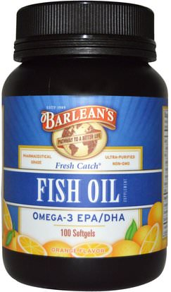 Barleans, Fresh Catch, Fish Oil Supplement, Omega-3 EPA/DHA, Orange Flavor, 100 Softgels ,المكملات الغذائية، إيفا أوميجا 3 6 9 (إيبا دا)، دا، إيبا، سوفتغيلس زيت السمك