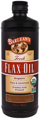 Barleans, Organic, Fresh Flax Oil, 32 fl oz (946 ml) ,المكملات الغذائية، إيفا أوميجا 3 6 9 (إيبا دا)، الكتان النفط السائل، البارلان زيوت الكتان