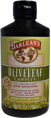 Barleans, Olive Leaf Complex, Natural Olive Leaf Flavor, 16 oz (454 g) ,والمكملات الغذائية، ومضادات الأكسدة، والانفلونزا الباردة والفيروسية، ورقة الزيتون