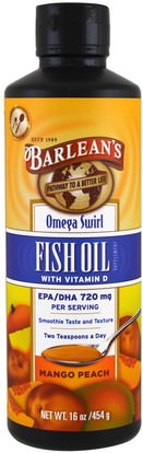 Barleans, Omega Swirl, Fish Oil with Vitamin D Supplement, Mango Peach, 16 oz (454 g) ,المكملات الغذائية، إيفا أوميجا 3 6 9 (إيبا دا)، زيت السمك السائل، بارلانز زيوت الأسماك