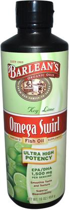 Barleans, Omega Swirl, Ultra High Potency Fish Oil, Key Lime, 16 oz (454 g) ,المكملات الغذائية، إيفا أوميجا 3 6 9 (إيبا دا)، زيت السمك السائل، بارلانز زيوت الأسماك