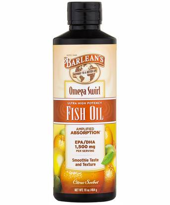 Barleans, Omega Swirl, Ultra High Potency Fish Oil, Citrus Sorbet, 16 oz (454 g) ,المكملات الغذائية، إيفا أوميجا 3 6 9 (إيبا دا)، زيت السمك السائل، بارلانز زيوت الأسماك