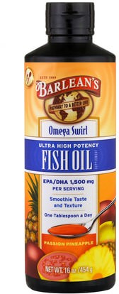 Barleans, Omega Swirl, Ultra High Potency Fish Oil, Passion Pineapple, 16 oz (454 g) ,المكملات الغذائية، إيفا أوميجا 3 6 9 (إيبا دا)، زيت السمك السائل