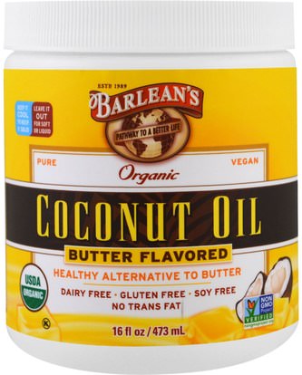 Barleans, Organic Coconut Oil, Butter Flavored, 16 fl oz (473 ml) ,الطعام، زيت جوز الهند، زيوت الطبخ النبيذ والخل