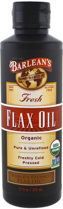 Barleans, Organic, Fresh, Flax Oil, 12 fl oz (355 ml) ,المكملات الغذائية، إيفا أوميجا 3 6 9 (إيبا دا)، الكتان النفط السائل، البارلان زيوت الكتان