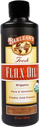 Barleans, Organic, Fresh, Flax Oil, 16 oz (473 ml) ,المكملات الغذائية، إيفا أوميجا 3 6 9 (إيبا دا)، الكتان النفط السائل، البارلان زيوت الكتان
