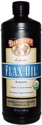 Barleans, Organic Lignan Flax Oil, 32 fl oz (946 ml) ,المكملات الغذائية، إيفا أوميجا 3 6 9 (إيبا دا)، الكتان النفط السائل، البارلان زيوت الكتان