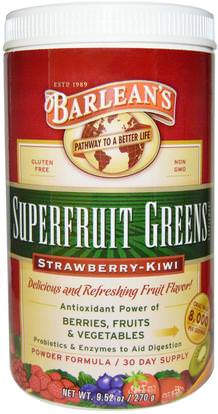 Barleans, Superfruit Greens Supplement, Powder Formula, Strawberry-Kiwi, 9.52 oz (270 g) ,المكملات الغذائية، مقتطفات الفاكهة، سوبر الفواكه، البارلنز الخضر