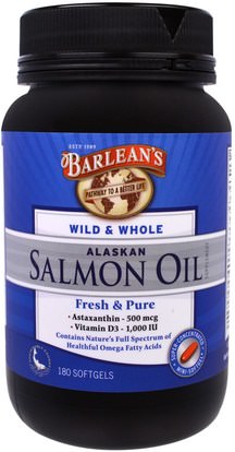 Barleans, Wild & Whole Alaskan Salmon Oil, 180 Softgels ,المكملات الغذائية، إيفا أوميجا 3 6 9 (إيبا دا)، زيت السلمون، بارلانز زيوت الأسماك
