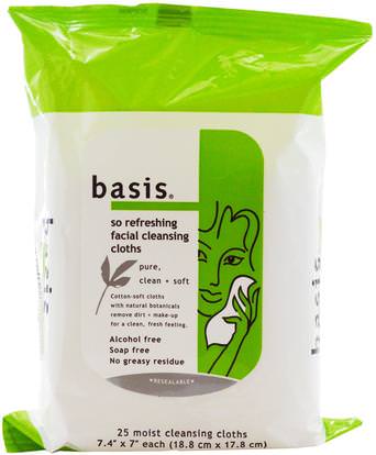 Basis, So Refreshing Facial Cleansing Cloths, Alcohol Free, 25 Moist Cleansing Cloths ,الجمال، العناية بالوجه، منظفات الوجه