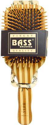 Bass Brushes, Large Square Paddle Brush, Cushion Wood Bristles with Stripped Bamboo Handle, 1 Hair Brush ,حمام، الجمال، فرش الشعر، دقة بالغة، فروة الرأس