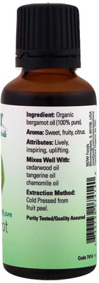 حمام، الجمال، الزيوت العطرية الزيوت، زيت البرغموت Now Foods, Organic Essential Oils, Bergamot, 1 fl oz (30 ml)