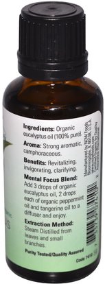 حمام، الجمال، الزيوت العطرية الزيوت، زيت الكافور Now Foods, Organic Essential Oils, Eucalyptus, 1 fl oz (30 ml)