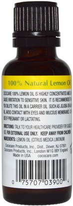 حمام، الجمال، الروائح الزيوت الأساسية، زيت الليمون Cococare, 100% Natural Lemon Oil, Citrus Medica Limonum, 1 fl oz (30 ml)