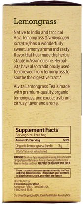 حمام، الجمال، الزيوت العطرية الزيوت، زيت الليمون Alvita Teas, Organic, Lemongrass Tea, Caffeine Free, 24 Tea Bags, 1.69 oz (48 g)