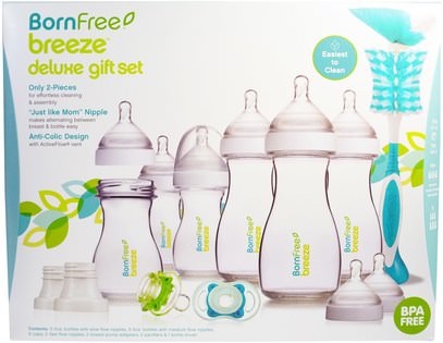 حمام، الجمال، هدية مجموعات، تغذية الطفل، زجاجات الطفل Born Free, Breeze Deluxe Gift Set, 0m+, 6 Bottles, 9 oz (266 ml) Each