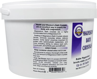 حمام، الجمال، أملاح الاستحمام، المضادة الألم Health and Wisdom Inc., Magnesium Bath Crystals, 5.5 lbs (2.5 kg)