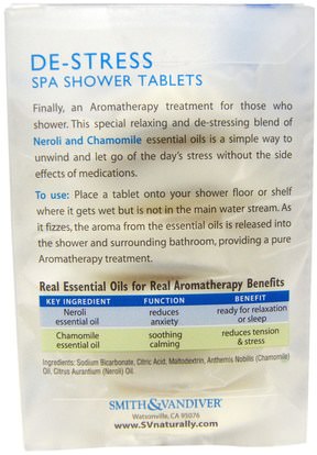 حمام، الجمال، أملاح الاستحمام Smith & Vandiver, De-Stress, Spa Shower Tablets, Neroli & Chamomile, 6 Aromatherapy Tablets, 8 oz (23 g) Each