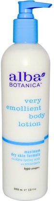 حمام، الجمال، غسول الجسم Alba Botanica, Very Emollient, Body Lotion, Maximum Dry Skin Formula, 12 fl oz (350 ml)