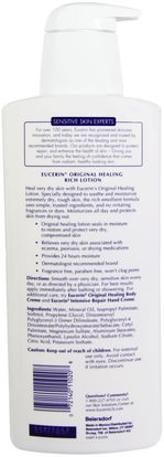 حمام، الجمال، غسول الجسم، يوسيرين الرطوبة اليومية Eucerin, Original Healing, Rich Lotion, Fragrance Free, 16.9 fl oz (500 ml)