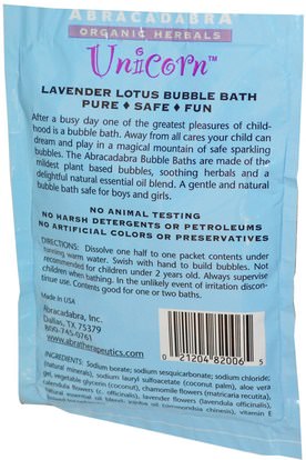 حمام، الجمال، أملاح حمام الفقاعة Abra Therapeutics, Unicorn, Lavender Lotus Bubble Bath, 2.5 oz (71 g)