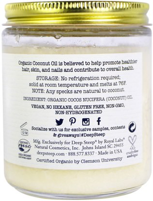 حمام، الجمال، زيت جوز الهند الجلد Deep Steep, 100% Organic USDA, Coconut Oil, 7 fl oz (208 ml)