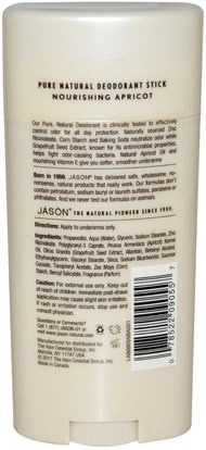 حمام، الجمال، مزيل العرق Jason Natural, Deodorant Stick, Nourishing Apricot, 2.5 oz (71 g)