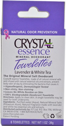 حمام، الجمال، مزيل العرق المرأة Crystal Body Deodorant, Essence Mineral Deodorant Towelettes, Lavender & White Tea, 6 Towelettes, 0.1 oz (34 g) Each