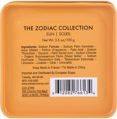 حمام، الجمال European Soaps, LLC, Pre de Provence, The Zodiac Collection, Sun, 3.5 oz (100 g)