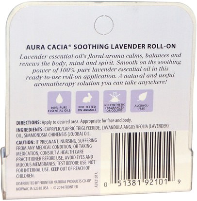 حمام، الجمال، بخاخ العطر Aura Cacia, Aromatherapy Roll-On, Soothing Lavender, 0.31 fl oz (9.2 ml)