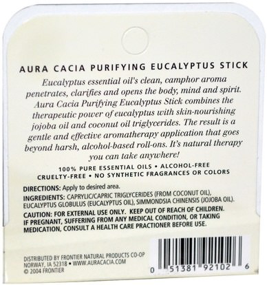حمام، الجمال، بخاخ العطر Aura Cacia, Purifying Eucalyptus Stick, Alcohol-Free, 0.29 fl oz (8.6 ml)