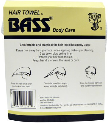 حمام، الجمال، دقة بالغة، فروة الرأس Bass Brushes, Super Absorbent Hair Towel, White, 1 Piece