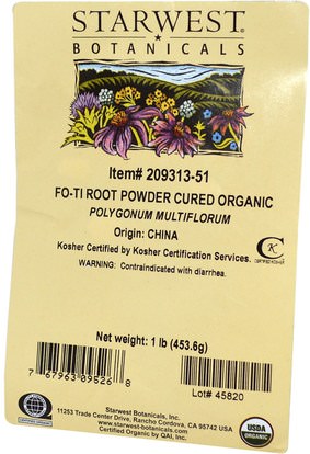 حمام، الجمال، الشعر، فروة الرأس، فو تي (انه شو وو) Starwest Botanicals, Organic, Fo-Ti Root Powder Cured, 1 lb (453.6 g)