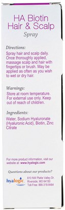 حمام، الجمال، دقة بالغة، فروة الرأس Hyalogic LLC, HA Biotin Hair & Scalp Spray, 4 fl oz (118 ml)