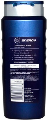 حمام، الجمال، الشعر، فروة الرأس، رجل العناية بالشعر، الشامبو، مكيف Nivea, 3-in-1 Body Wash, Men, Energy, 16.9 fl oz (500 ml)