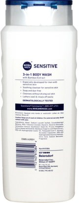 حمام، الجمال، الشعر، فروة الرأس، رجل العناية بالشعر، الشامبو، مكيف Nivea, Sensitive Body Wash for Men, 16.9 fl oz (500 ml)