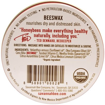 حمام، الجمال، كريمات اليد Savannah Bee Company Inc, Organic, Beeswax Hand and Nail Salve, 2 oz (57.7 g)