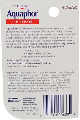 حمام، الجمال، العناية الشفاه Aquaphor, Lip Repair, Immediate Relief, Fragrance Free.35 fl oz (10 ml)
