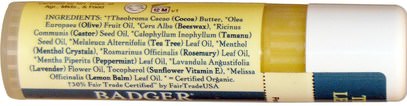 حمام، الجمال، العناية الشفاه، بلسم الشفاه Badger Company, Tea Tree & Lemon Balm Herbal Lip Care with Cocoa Butter.25 oz (7 g)