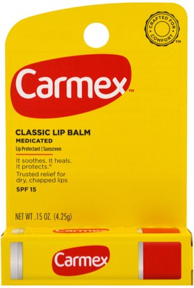 حمام، الجمال، العناية الشفاه، بلسم الشفاه Carmex, Classic Lip Balm, Medicated SPF 15.15 oz (4.25 g)