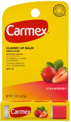 حمام، الجمال، العناية الشفاه، بلسم الشفاه Carmex, Classic Lip Balm, Medicated SPF 15, Strawberry.15 oz (4.25 g)