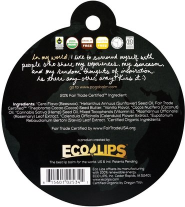 حمام، الجمال، العناية الشفاه، بلسم الشفاه Eco Lips Inc., POGO, Organic Lip Balm, True Vanilla Bean, 0.15 oz (4.25 g)