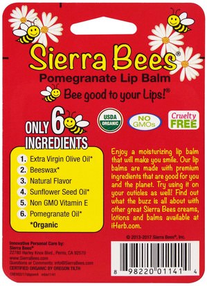 حمام، الجمال، العناية الشفاه، بلسم الشفاه، النحل سيرا العضوية بلسم الشفاه Sierra Bees, Organic Lip Balms, Pomegranate, 4 Pack.15 oz (4.25 g) Each