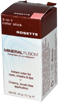 حمام، الجمال، العناية الشفاه، الشفاه عصا، أحمر الشفاه، لمعان، بطانة Mineral Fusion, 3-in-1 Color Stick, Rosette.18 oz (5.1 g)