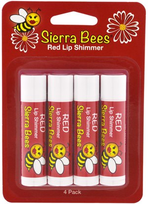 حمام، الجمال، أحمر الشفاه، لمعان، بطانة، العناية الشفاه، بلسم الشفاه Sierra Bees, Tinted Lip Shimmer Balms, Red, 4 Pack