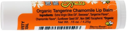 حمام، الجمال، أحمر الشفاه، معان، بطانة، العناية الشفاه Sierra Bees, Organic Lip Balms, Tangerine Chamomile, 4 Pack.15 oz (4.25 g) Each