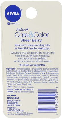 حمام، الجمال، أحمر الشفاه، لمعان، بطانة Nivea, A Kiss of Care & Color, Sheer Berry Lip Care, 0.17 oz (4.8 g)
