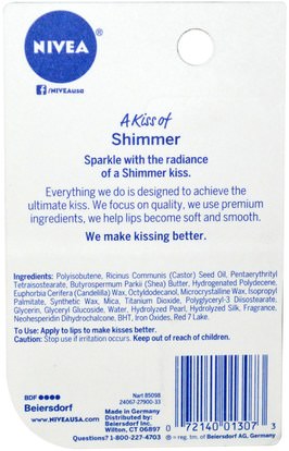 حمام، الجمال، أحمر الشفاه، لمعان، بطانة Nivea, A Kiss of Shimmer, Radiant Lip Care, 0.17 oz (4.8 g)